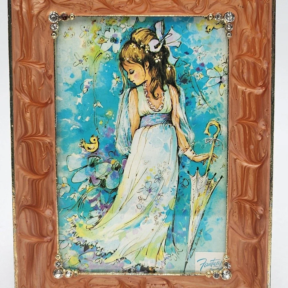 Vintage Peach Marbled Resin Frame Faux Crystals Fantasy Ephemera Card 4x6 Photo